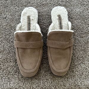 Lucky Brand Womens Mules Coryna Shoes Beige  Suede Leather Slip On Flats